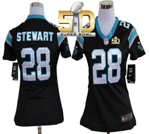  Panthers #28 Jonathan Stewart Black Team Color Super Bowl 50 Women's Stitched NFL Elite Jersey