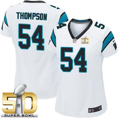  Panthers #54 Shaq Thompson White Super Bowl 50 Women's Stitched NFL Elite Jersey