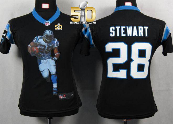  Panthers #28 Jonathan Stewart Black Team Color Super Bowl 50 Women's Portrait Fashion NFL Game Jersey