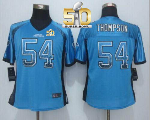  Panthers #54 Shaq Thompson Blue Alternate Super Bowl 50 Women's Stitched NFL Elite Drift Fashion Jersey