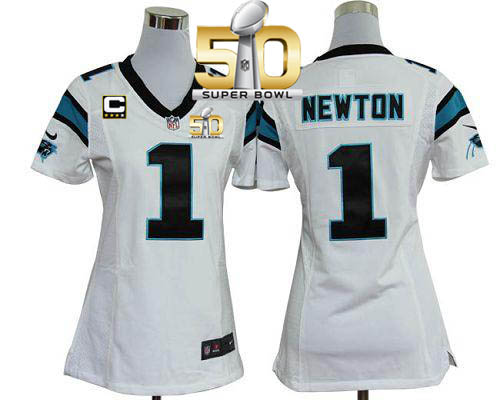  Panthers #1 Cam Newton White With C Patch Super Bowl 50 Women's Stitched NFL Elite Jersey