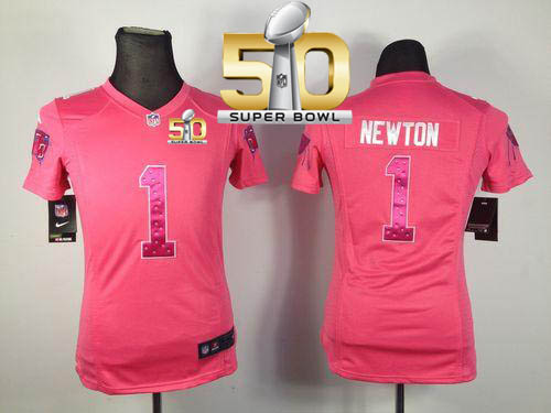  Panthers #1 Cam Newton Pink Sweetheart Super Bowl 50 Women's Stitched NFL Elite Jersey