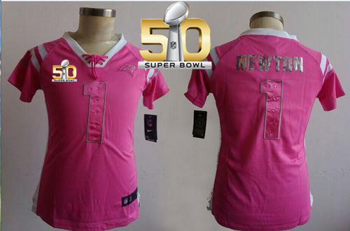  Panthers #1 Cam Newton Pink Super Bowl 50 Women's Stitched NFL Elite Draft Him Shimmer Jersey