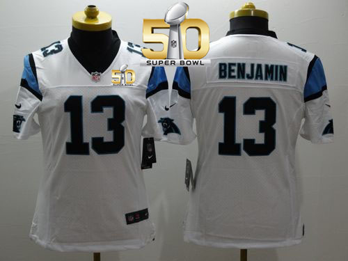  Panthers #13 Kelvin Benjamin White Super Bowl 50 Women's Stitched NFL Limited Jersey