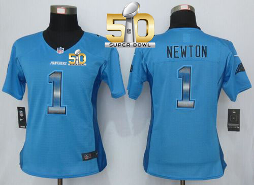  Panthers #1 Cam Newton Blue Alternate Super Bowl 50 Women's Stitched NFL Elite Strobe Jersey
