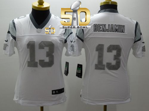  Panthers #13 Kelvin Benjamin White Super Bowl 50 Women's Stitched NFL Limited Platinum Jersey