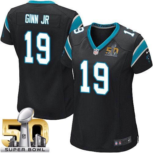  Panthers #19 Ted Ginn Jr Black Team Color Super Bowl 50 Women's Stitched NFL Elite Jersey