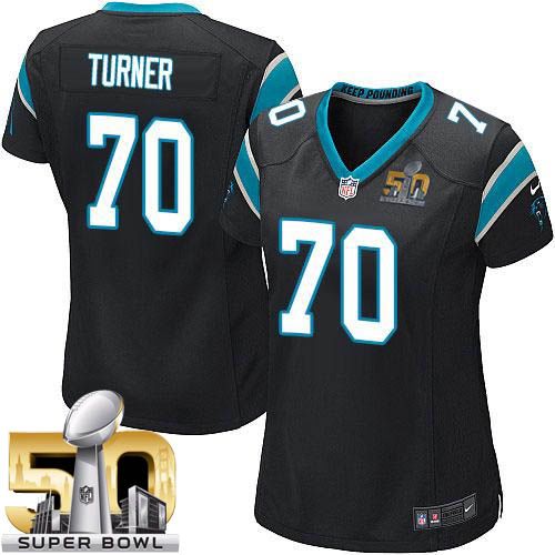  Panthers #70 Trai Turner Black Team Color Super Bowl 50 Women's Stitched NFL Elite Jersey