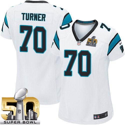  Panthers #70 Trai Turner White Super Bowl 50 Women's Stitched NFL Elite Jersey