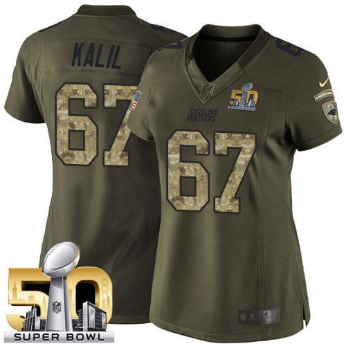  Panthers #67 Ryan Kalil Green Super Bowl 50 Women's Stitched NFL Limited Salute to Service Jersey