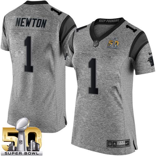  Panthers #1 Cam Newton Gray Super Bowl 50 Women's Stitched NFL Limited Gridiron Gray Jersey