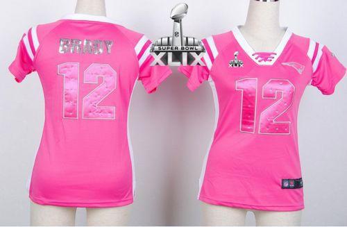  Patriots #12 Tom Brady Pink Super Bowl XLIX Women's Stitched NFL Elite Draft Him Shimmer Jersey