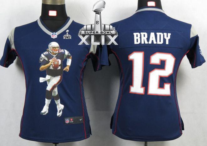  Patriots #12 Tom Brady Navy Blue Team Color Super Bowl XLIX Women's Portrait Fashion NFL Game Jersey