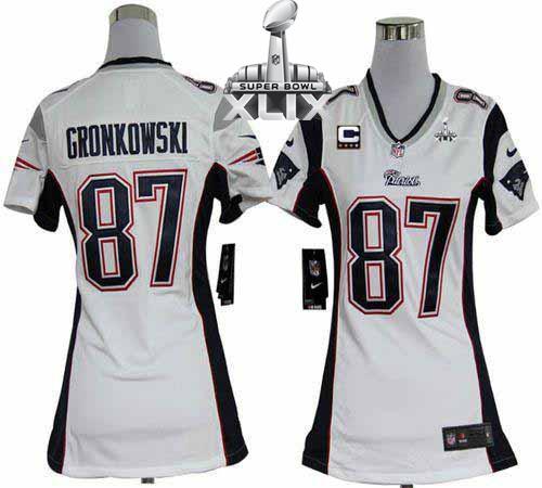  Patriots #87 Rob Gronkowski White With C Patch Super Bowl XLIX Women's Stitched NFL Elite Jersey