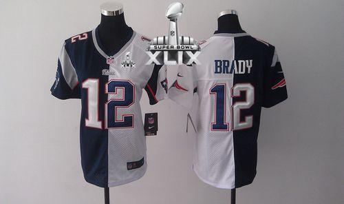  Patriots #12 Tom Brady Navy Blue/White Super Bowl XLIX Women's Stitched NFL Elite Split Jersey