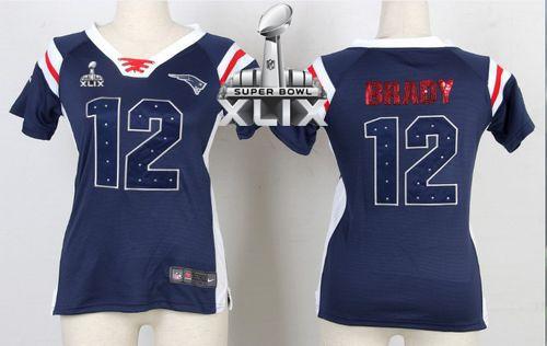  Patriots #12 Tom Brady Navy Blue Super Bowl XLIX Women's Stitched NFL Elite Draft Him Shimmer Jersey