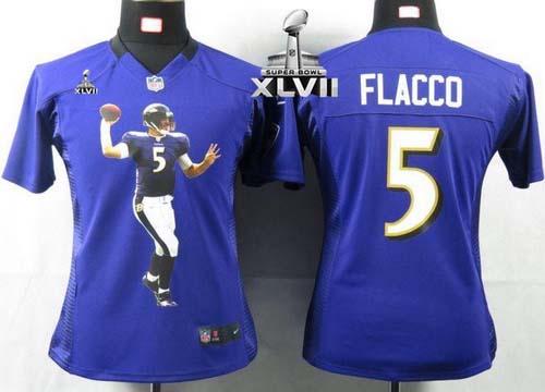  Ravens #5 Joe Flacco Purple Team Color Super Bowl XLVII Women's Portrait Fashion NFL Game Jersey