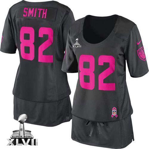  Ravens #82 Torrey Smith Dark Grey Super Bowl XLVII Women's Breast Cancer Awareness Stitched NFL Elite Jersey
