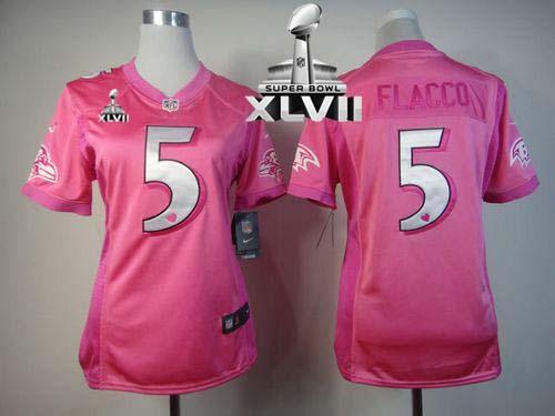  Ravens #5 Joe Flacco Pink Super Bowl XLVII Women's Be Luv'd Stitched NFL Elite Jersey
