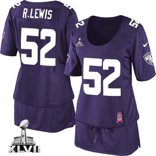  Ravens #52 Ray Lewis Purple Team Color Super Bowl XLVII Women's Breast Cancer Awareness Stitched NFL Elite Jersey