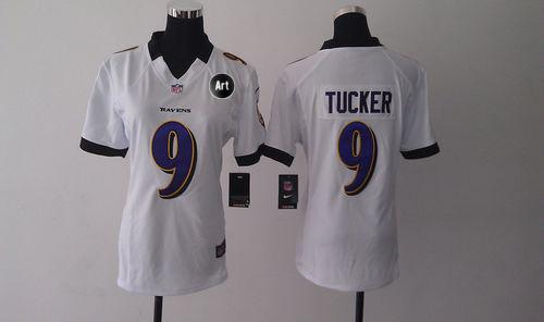  Ravens #9 Justin Tucker White With Art Patch Women's Stitched NFL Elite Jersey
