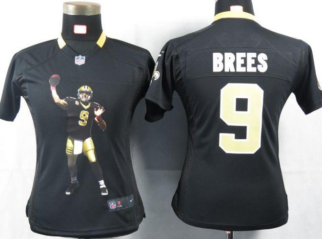  Saints #9 Drew Brees Black Team Color Women's Portrait Fashion NFL Game Jersey