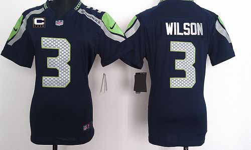 Seahawks #3 Russell Wilson Steel Blue Team Color With C Patch Women's Stitched NFL Elite Jersey