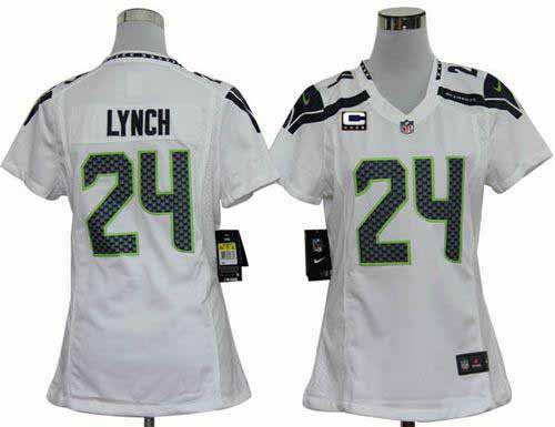  Seahawks #24 Marshawn Lynch White With C Patch Women's Stitched NFL Elite Jersey