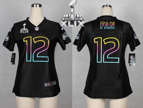  Seahawks #12 Fan Black Super Bowl XLIX Women's NFL Fashion Game Jersey