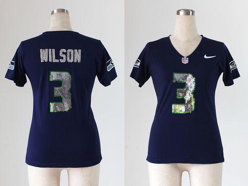  Seahawks #3 Russell Wilson Steel Blue Team Color Handwork Sequin Lettering Women's Stitched NFL Elite Jersey
