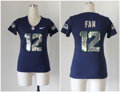  Seahawks #12 Fan Steel Blue Team Color Women's Stitched NFL Elite Handwork Sequin Lettering Jersey