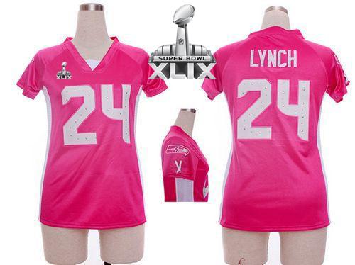  Seahawks #24 Marshawn Lynch Pink Draft Him Name & Number Top Super Bowl XLIX Women's Stitched NFL Elite Jersey