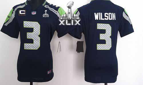  Seahawks #3 Russell Wilson Steel Blue Team Color With C Patch Super Bowl XLIX Women's Stitched NFL Elite Jersey