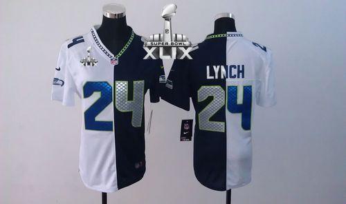  Seahawks #24 Marshawn Lynch Steel Blue/White Super Bowl XLIX Women's Stitched NFL Elite Split Jersey