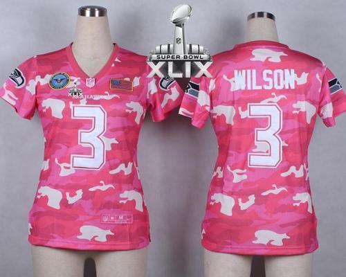  Seahawks #3 Russell Wilson Pink Super Bowl XLIX Women's Stitched NFL Elite Camo Fashion Jersey