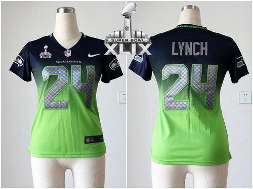  Seahawks #24 Marshawn Lynch Steel Blue/Green Super Bowl XLIX Women's Stitched NFL Elite Fadeaway Fashion Jersey