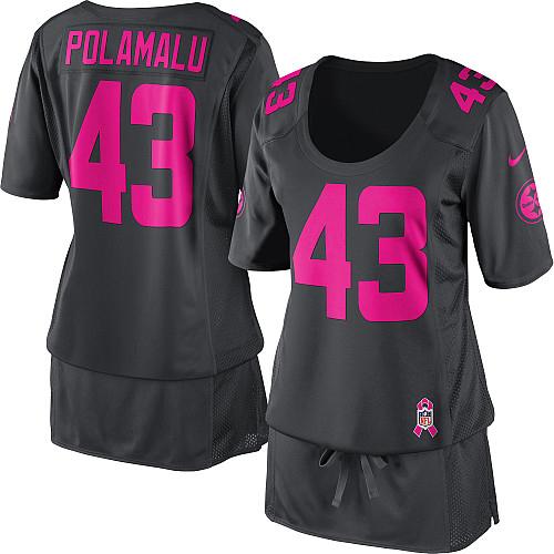  Steelers #43 Troy Polamalu Dark Grey Women's Breast Cancer Awareness Stitched NFL Elite Jersey
