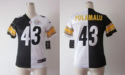  Steelers #43 Troy Polamalu Black/White Women's Stitched NFL Elite Split Jersey