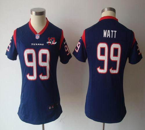  Texans #99 J.J. Watt Navy Blue Team Color With 10th Patch Women's NFL Game Jersey