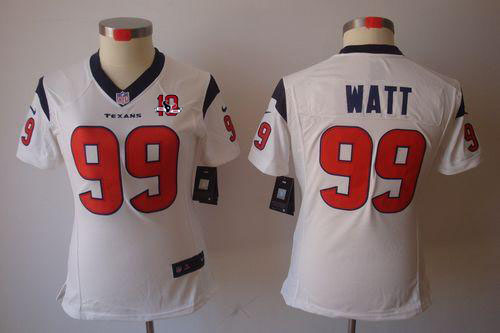  Texans #99 J.J. Watt White With 10th Patch Women's Stitched NFL Limited Jersey