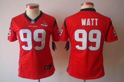  Texans #99 J.J. Watt Red Alternate 10TH Patch Women's Stitched NFL Limited Jersey
