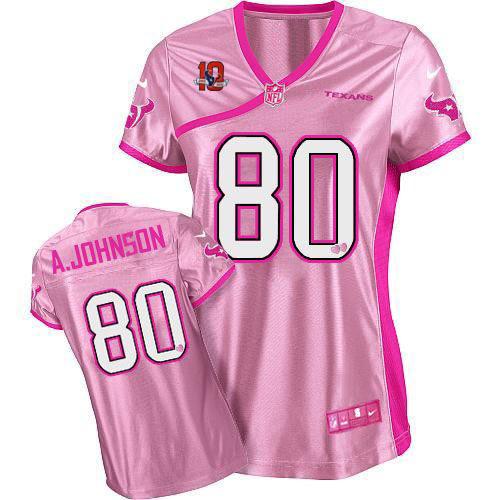  Texans #80 Andre Johnson Pink With 10TH Patch Women's Be Luv'd Stitched NFL Elite Jersey