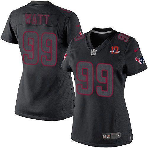  Texans #99 J.J. Watt Black Impact With 10TH Patch Women's Stitched NFL Limited Jersey