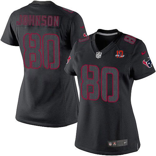  Texans #80 Andre Johnson Black Impact With 10TH Patch Women's Stitched NFL Limited Jersey