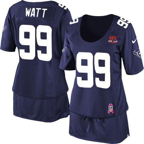 Texans #99 J.J. Watt Navy Blue Team Color With 10TH Patch Women's Breast Cancer Awareness Stitched NFL Elite Jersey