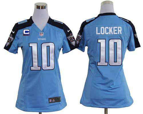  Titans #10 Jake Locker Light Blue Team Color With C Patch Women's Stitched NFL Elite Jersey