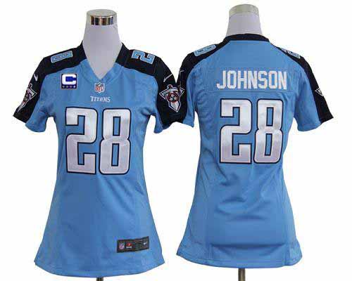 Titans #28 Chris Johnson Light Blue Team Color With C Patch Women's Stitched NFL Elite Jersey
