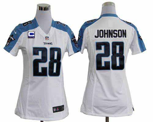  Titans #28 Chris Johnson White With C Patch Women's Stitched NFL Elite Jersey