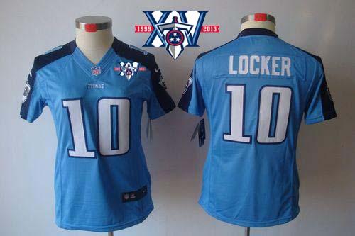  Titans #10 Jake Locker Light Blue Team Color With 15th Season Patch Women's Stitched NFL Limited Jersey