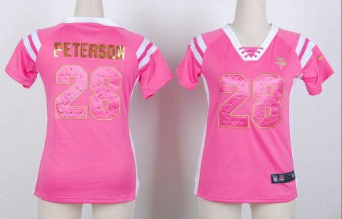  Vikings #28 Adrian Peterson Pink Women's Stitched NFL Elite Draft Him Shimmer Jersey